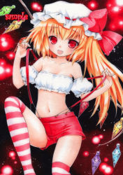Rule 34 | 1girl, :d, alternate costume, bad id, bad pixiv id, bare shoulders, blonde hair, fang, female focus, flandre scarlet, funnyfunny, hat, long hair, marker (medium), midriff, navel, open mouth, red eyes, red thighhighs, sample watermark, short shorts, shorts, side ponytail, smile, solo, striped clothes, striped thighhighs, suspenders, thighhighs, touhou, traditional media, watermark, wings