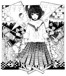 Rule 34 | 1girl, book, greyscale, highres, monochrome, original, ruler, school uniform, solo, sorakura shikiji