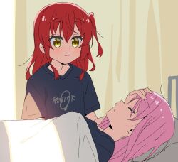 Rule 34 | 2girls, bed, black shirt, bocchi the rock!, closed eyes, closed mouth, clothes writing, curtains, gotoh hitori, hair between eyes, hand on forehead, highres, kita ikuyo, long hair, lying, meito (maze), multiple girls, on back, one side up, parted lips, pink hair, red hair, shirt, short sleeves, sleeping, smile, under covers, yellow eyes