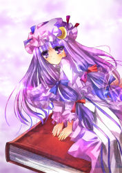 Rule 34 | 1girl, aquamarine, blunt bangs, blush, book, crescent, dress, female focus, frills, hat, long sleeves, looking at viewer, mob cap, own hands together, patchouli knowledge, purple dress, purple eyes, purple hair, solo, striped, touhou, v arms, vertical stripes