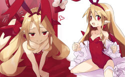 Rule 34 | 1girl, absurdres, all fours, ass, bare shoulders, blonde hair, breasts, cleavage, covered navel, demon girl, demon tail, demon wings, disgaea, earrings, fang, flonne, flonne (fallen angel), heart, heart earrings, highres, jank365m, jewelry, leg ribbon, leotard, long hair, looking at viewer, makai senki disgaea, multiple views, naughty face, off shoulder, open clothes, open mouth, open shirt, pointy ears, red eyes, red leotard, ribbon, shirt, sitting, small breasts, smile, spread legs, strapless, strapless leotard, tail, thigh ribbon, thighs, very long hair, white shirt, wings