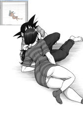 Rule 34 | 1boy, 1girl, ass, casual, chi-chi (dragon ball), dragon ball, dragon ball (classic), feet, harumaki, kiss, long hair, monochrome, panties, simple background, son goku, spiked hair, underwear, white background