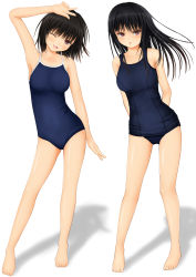 Rule 34 | 2girls, :o, ;d, bare arms, bare shoulders, barefoot, black hair, brown eyes, collarbone, competition school swimsuit, full body, highres, kurokami (kurokaminohito), long hair, multiple girls, old school swimsuit, one-piece swimsuit, one eye closed, open mouth, original, school swimsuit, short hair, simple background, smile, standing, swimsuit