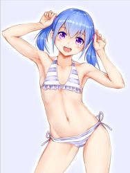 Rule 34 | 1girl, aomoro, armpits, arms up, bad id, bad pixiv id, bikini, blue hair, collarbone, commentary request, cowboy shot, flat chest, looking at viewer, navel, open mouth, original, purple eyes, side-tie bikini bottom, smile, solo, standing, striped bikini, striped clothes, swimsuit, teeth, twintails, upper teeth only
