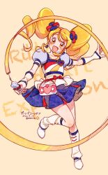 Rule 34 | 1girl, alternate form, blonde hair, blush, bow, brooch, cheerleader, cure honey, cure honey (popcorn cheer), happinesscharge precure!, heart, heart brooch, highres, jewelry, long hair, multicolored clothes, multicolored skirt, oomori yuuko, open mouth, precure, puffy short sleeves, puffy sleeves, qianxia yell, ribbon, short sleeves, skirt, smile, solo, twintails, waist bow, wing earrings, yellow eyes