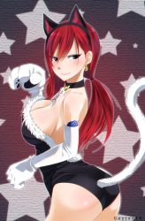 Rule 34 | 1girl, animal ears, ass, back, blush, breasts, cleavage, collar, erza scarlet, fairy tail, from behind, gaston18, hair ornament, large breasts, leotard, long hair, red hair, spandex, tail