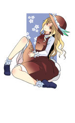 Rule 34 | 1girl, black footwear, blonde hair, bobby socks, brown eyes, brown hat, brown skirt, brown vest, collared shirt, commentary request, cross, extra, frilled hat, frilled skirt, frills, hat, hat feather, haya taro pochi, holding, holding cross, jacket girl (dipp), long hair, long sleeves, parted lips, red neckwear, red ribbon, ribbon, shirt, simple background, sitting, skirt, socks, touhou, vest, wavy hair, white background, white shirt