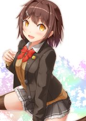 Rule 34 | 1girl, alternate costume, ascot, blazer, blush, breasts, brown hair, brown skirt, brown thighhighs, collared shirt, cosplay, costume switch, furutaka (kancolle), gradient background, hair between eyes, hair ornament, hairclip, highres, jacket, kantai collection, kumano (kancolle), long sleeves, looking at viewer, medium breasts, namae hamada, open mouth, remodel (kantai collection), school uniform, shirt, short hair, sitting, skirt, smile, solo, thighhighs, vest, wariza, yellow eyes