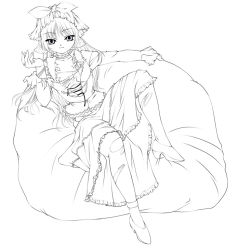 Rule 34 | 1girl, bare legs, dress, full body, greyscale, knees up, lineart, long hair, looking at viewer, lying, mashue, monochrome, on back, original, pillow, shoes, simple background, sitting, solo, spread legs, white background