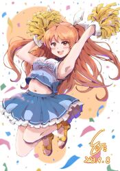 Rule 34 | 1girl, arms up, blue skirt, breasts, brown eyes, brown hair, cheering, cheerleader, clothes writing, crop top, frilled skirt, frills, full body, hair ribbon, highres, holding, holding pom poms, johnston (kancolle), jumping, kantai collection, ld (luna dial398), long hair, medium breasts, midriff, miniskirt, navel, open mouth, pleated skirt, pom pom (cheerleading), pom poms, ribbon, round teeth, sandals, skirt, solo, teeth, two side up, upper teeth only, very long hair, white ribbon