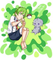 Rule 34 | 1boy, abstract background, barefoot, black shorts, clenched hand, creatures (company), doll joints, espurr, game freak, gen 6 pokemon, green background, green eyes, green hair, highres, joints, necktie, nintendo, phil (undead unluck), pokemon, purple eyes, red necktie, shishiruto, short hair, short sleeves, shorts, sitting, solo, suspenders, thumb sucking, undead unluck