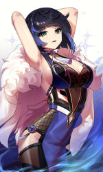Rule 34 | 1girl, absurdres, armpits, asymmetrical gloves, black hair, blue background, blue hair, bob cut, breasts, cowboy shot, diagonal bangs, dice, elbow gloves, feather-trimmed jacket, feather collar, fur-trimmed jacket, fur trim, genshin impact, gloves, gradient background, green eyes, highres, jacket, jacket on shoulders, jewelry, large breasts, looking at viewer, medium hair, mole, mole on breast, neck ring, neck tassel, pants, parted lips, sbgu, sideboob, single elbow glove, sleeveless, solo, sparkle, tassel, tassel choker, tight clothes, tight pants, vision (genshin impact), waist cutout, white background, white jacket, yelan (genshin impact)