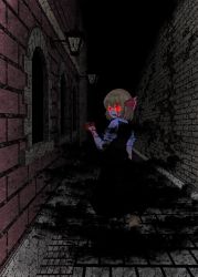 Rule 34 | 1girl, :p, alley, black dress, blonde hair, blood, blood on face, blood on hands, dark, darkness, dress, full body, glowing, glowing eyes, hair ribbon, highres, lamp, looking at viewer, looking back, night, ozu (agito100001), parted lips, puffy short sleeves, puffy sleeves, red eyes, red ribbon, ribbon, rumia, short hair, short sleeves, smile, solo, tongue, tongue out, touhou