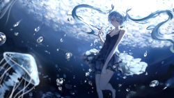 Rule 34 | 1girl, barefoot, barli, black dress, blue eyes, blue hair, breasts, bubble, cleavage, collarbone, dress, floating hair, hair ornament, hatsune miku, highres, long hair, matching hair/eyes, shinkai shoujo (vocaloid), small breasts, smile, solo, twintails, underwater, very long hair, vocaloid