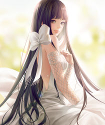 Rule 34 | 1girl, absurdres, bare back, bare shoulders, black hair, blunt bangs, bow, breasts, brown eyes, dress, from side, highres, lens flare, lips, long hair, looking at viewer, medium breasts, original, osuk2, realistic, sitting, smile, solo, very long hair, wedding dress, white bow, white dress