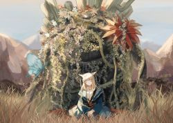 Rule 34 | 1girl, animal ears, blue sky, bug, butterfly, cactus, cat ears, closed eyes, closed mouth, dagger, day, final fantasy, final fantasy xiv, flower, fringe trim, goobbue (final fantasy), grass, hair flower, hair ornament, insect, knife, long hair, long sleeves, miqo&#039;te, orange flower, outdoors, red flower, sheath, sheathed, sitting, sky, smile, solo, weapon, white flower, yoshikyuu