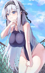 Rule 34 | 1girl, absurdres, black one-piece swimsuit, blue eyes, blue sky, borrowed character, breasts, cloud, competition swimsuit, frilled hairband, frills, grey eyes, hair between eyes, hairband, hand on own thigh, highleg, highleg swimsuit, highres, large breasts, long hair, net, one-piece swimsuit, original, parted lips, sky, solo, swimsuit, two-tone swimsuit, wimawi