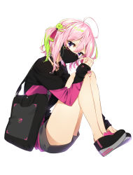 Rule 34 | 1girl, ahoge, bag, black footwear, black shirt, black shorts, clover hair ornament, commentary request, covered mouth, four-leaf clover hair ornament, full body, green hair, hair between eyes, hair ornament, highres, knees up, long sleeves, looking at viewer, mask, mouth mask, multicolored hair, nail polish, no socks, one side up, original, pink hair, pink nails, purple eyes, sakuragi ren, shirt, shoes, short shorts, shorts, shoulder bag, simple background, sleeves past wrists, solo, streaked hair, white background