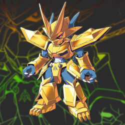 Rule 34 | armor, blue skin, blue tail, colored skin, degarashi (ponkotsu), digimon, digimon (creature), dragon, fewer digits, glint, gold armor, gold helmet, grey background, magnamon, midriff, no humans, red eyes, shoulder armor, solo, thumbs up, zoom layer