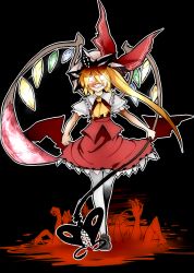 Rule 34 | 1girl, alternate wings, ascot, blonde hair, female focus, flandre scarlet, glowing, glowing eyes, hat, laevatein, pantyhose, red eyes, sharp teeth, shigurio, short hair, side ponytail, smile, solo, teeth, touhou, wings