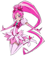 Rule 34 | 1girl, adapted costume, aged up, alternate universe, arm warmers, arudebido, boots, bow, brooch, choker, cure blossom, detached sleeves, dress, earrings, elbow gloves, eyelashes, full body, gloves, hair bow, hair ornament, hair ribbon, hanasaki tsubomi, heart, heart brooch, heartcatch precure!, high heels, highres, jewelry, long hair, magical girl, parody, pink bow, pink eyes, pink footwear, pink hair, pink skirt, pink thighhighs, ponytail, precure, puffy sleeves, ribbon, shoes, simple background, skirt, smile, solo, style parody, thigh boots, thighhighs, white background, white thighhighs