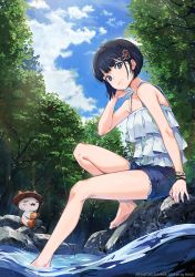Rule 34 | 1girl, :3, arm up, bare legs, barefoot, black hair, blue eyes, blush, bracelet, camisole, closed mouth, collarbone, company name, day, denim, denim shorts, fishing, fishing line, fishing rod, flower, forest, frilled camisole, frills, hair flower, hair ornament, hairclip, jewelry, looking at viewer, nagu, nature, original, outdoors, rock, short hair, shorts, sitting, sitting on rock, sleeveless, smile, solo, tree