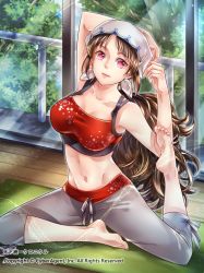 Rule 34 | 1girl, barefoot, belly, breasts, brown hair, capri pants, cloud, copyright name, day, female focus, flexible, glass, headdress, kamitsuki, large breasts, long hair, looking at viewer, low ponytail, midriff, muscular, navel, pants, pink eyes, plantar flexion, sky, sleeveless, solo, stretching, tenka touitsu chronicle, toned, tree, very long hair, yoga