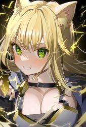 Rule 34 | 1girl, animal ear fluff, animal ears, black gloves, blonde hair, blush, borrowed character, breasts, cape, cleavage, commentary request, electricity, eyes visible through hair, fingerless gloves, gloves, gradient background, green eyes, grey cape, highres, large breasts, long hair, looking at viewer, medium breasts, ningen mame, original, solo, teeth, upper body