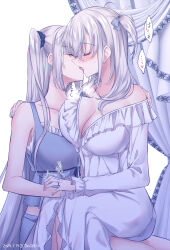 Rule 34 | 2girls, alternate costume, blush, breasts, breath, cleavage, closed eyes, dated, french kiss, frills, fuyutsuki (kancolle), grey hair, hair between eyes, hair ribbon, heart, highres, jewelry, kabocha torute, kantai collection, kiss, large breasts, long hair, long sleeves, multiple girls, off shoulder, one side up, pajamas, ribbon, ring, sidelocks, sitting, sitting on lap, sitting on person, sound effects, suzutsuki (kancolle), sweat, twitter username, very long hair, yuri