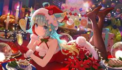 Rule 34 | 1girl, ahoge, animal ear fluff, animal ears, apple, aqua hair, armpit crease, bare arms, bare shoulders, blue eyes, bow, bowtie, breasts, brown pantyhose, cake, candle, candlestand, cat ears, champagne flute, cheek rest, choker, christmas, cleavage, cup, dress, drinking glass, ears through headwear, fake tail, flower, food, fruit, fur trim, fuzichoco, gloves, hair ornament, hair through headwear, halterneck, hat, highres, lanmewko, legs up, long hair, looking at viewer, lying, multicolored hair, no shoes, on stomach, original, pantyhose, rabbit tail, red choker, red dress, red flower, red gloves, red hat, santa dress, santa hat, small breasts, smile, solo, tail, teacup, two-tone hair