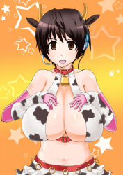 Rule 34 | 10s, 1girl, animal ears, animal print, banshi ryuu, bell, neck bell, black hair, breasts, brown eyes, collar, cow ears, cow horns, cow print, cowbell, elbow gloves, gloves, headset, highres, horns, idolmaster, idolmaster cinderella girls, large breasts, oikawa shizuku, open mouth, short hair, solo