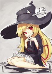 Rule 34 | 1girl, @ @, bad id, bad pixiv id, bare legs, barefoot, black dress, blonde hair, blush, checkered floor, closed mouth, commentary request, dress, frilled dress, frilled skirt, frills, from side, full body, grey background, hat, ketopon, long hair, looking at viewer, original, own hands together, pink eyes, screw, sitting, skirt, smile, solo, wide sleeves, witch, witch hat