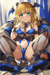 Rule 34 | 1girl, absurdres, bean bag chair, black necktie, blonde hair, blue nails, blush, boots, braid, breasts, cleavage, clothing request, demon girl, demon tail, detached collar, finger to face, green eyes, head wings, highres, looking at viewer, medium breasts, michairu, navel, necktie, open mouth, original, single braid, sitting, solo, star (symbol), tail, thighhighs, wings