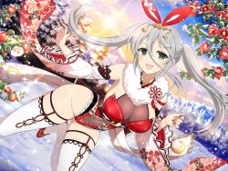 Rule 34 | 1girl, black eyes, breasts, chinese zodiac, cleavage, detached sleeves, flower, gekkou (senran kagura), grey hair, hair ornament, high heels, large breasts, leotard, mountainous horizon, nail polish, new year, official art, open mouth, pine tree, plant, playboy bunny, rabbit ears, rabbit tail, ribbon-trimmed thighhighs, ribbon trim, senran kagura, senran kagura new link, skindentation, smile, snow, snowing, sunrise, thighhighs, tree, twintails, year of the rabbit