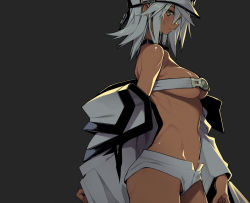 Rule 34 | 10mo, 1girl, bare shoulders, belt bra, blush, breasts, coat, commentary request, dark-skinned female, dark skin, from side, grey background, guilty gear, guilty gear xrd, hat, long sleeves, looking at viewer, medium breasts, midriff, off shoulder, parted lips, ramlethal valentine, shiny skin, short hair, short shorts, shorts, sideboob, simple background, solo, white hair, white shorts, yellow eyes
