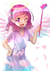 Rule 34 | 10s, 1girl, ;d, angel wings, blunt bangs, blush, collarbone, commentary request, dress, hair ornament, hand on own hip, highres, hugtto! precure, looking at viewer, nono hana, one eye closed, open mouth, pink eyes, pink hair, precure, short hair, smile, solo, wings, x hair ornament, zakuro0508