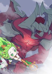 Rule 34 | 1boy, 1girl, aatrox, abs, absurdres, artist name, biceps, cloud, colored skin, creature, demon, demon wings, flying, fog, green eyes, green hair, highres, horns, hyuko wong, league of legends, long hair, looking to the side, lulu (league of legends), muscular, muscular male, pectorals, red eyes, red skin, scar, scar on chest, shoes, shoulder pads, staff, star (symbol), star guardian (league of legends), star guardian lulu, wings