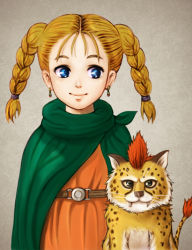 Rule 34 | 1girl, bianca (dq5), blonde hair, blue eyes, borongo, braid, cape, closed mouth, dragon quest, dragon quest v, dress, earrings, graphite (medium), jewelry, kotaro (kotaillust), medium hair, short twintails, simple background, smile, traditional media, twin braids, twintails