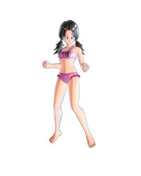 Rule 34 | 1girl, absurdres, barefoot, bikini, black hair, blue eyes, breasts, collarbone, dragon ball, dragon ball xenoverse, dragonball z, highres, legs, looking at viewer, midriff, navel, official art, smile, swimsuit, twintails, videl