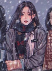 Rule 34 | 3girls, black hair, blue scarf, brown eyes, chinese commentary, gloves, grey jacket, haerin (newjeans), hair behind ear, highres, holding own arm, jacket, k-pop, long hair, looking at viewer, mantang hua, multiple girls, newjeans, pink gloves, pink shirt, procreate (medium), real life, scarf, shirt, snowing, solo focus