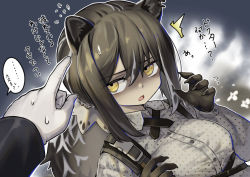 Rule 34 | 1girl, animal ears, animal hands, arknights, black hair, collared shirt, cross tie, doctor (arknights), dress shirt, gloves, hair between eyes, long sleeves, looking at viewer, mitake eil, open mouth, polka dot, polka dot shirt, raccoon ears, raccoon girl, robin (arknights), shirt, solo focus, translation request, upper body, white gloves, white shirt, yellow eyes