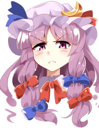 Rule 34 | &gt;:&lt;, 1girl, :&lt;, angry, blush, bow, bowtie, closed mouth, crescent, crescent hair ornament, e.o., frown, hair bow, hair ornament, hair ribbon, hat, highres, long hair, looking at viewer, mob cap, patchouli knowledge, portrait, purple eyes, purple hair, ribbon, solo, tareme, touhou, tress ribbon, v-shaped eyebrows