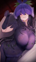Rule 34 | 1girl, 258n, absurdres, bed, bed sheet, black gloves, black hair, blush, breasts, commentary, covered navel, dress, elbow gloves, flower, flower on head, gloves, hair between eyes, hand up, heart, heart in eye, highres, large breasts, leaf print, long glove, long hair, looking at viewer, lying, one eye covered, open mouth, purple dress, purple eyes, red background, short sleeves, skin tight, smile, solo, sweat, symbol in eye, touhou, upper body, vine print, yomotsu hisami