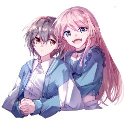 Rule 34 | 2girls, bang dream!, bang dream! it&#039;s mygo!!!!!, blue jacket, brown eyes, chihaya anon, collared shirt, cropped jacket, cropped torso, dress shirt, earrings, grey eyes, grey hair, hair between eyes, hibioes, hug, hug from behind, jacket, jewelry, long hair, looking at viewer, midriff, multiple girls, open mouth, own hands clasped, own hands together, parted lips, pink hair, shadow, shirt, short hair, simple background, takamatsu tomori, teeth, upper body, upper teeth only, white background, white shirt, white sleeves, yuri