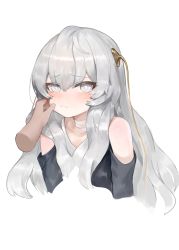 Rule 34 | 1girl, bad id, bad pixiv id, bare shoulders, black dress, blush, cheek pinching, closed mouth, collarbone, commentary request, cropped torso, dokomon, dress, girls&#039; frontline, grey eyes, grey hair, hair between eyes, hair ornament, highres, korean commentary, long hair, looking at viewer, pinching, ribeyrolles (girls&#039; frontline), simple background, solo focus, tears, upper body, wavy mouth, white background