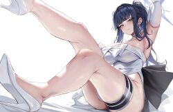 Rule 34 | 1girl, arm up, armpits, ass, black hair, blue archive, blue eyes, blue hair, blue halo, blush, breasts, closed mouth, colored inner hair, dress, earrings, elbow gloves, gloves, halo, high heels, highres, jewelry, large breasts, legs, long hair, looking at viewer, multicolored hair, official alternate costume, pumps, saori (blue archive), saori (dress) (blue archive), shoes, simple background, solo, stiletto heels, stone (ksorede), strapless, strapless dress, white background, white dress, white footwear, white gloves