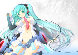Rule 34 | 1girl, 47agdragon, aqua eyes, aqua hair, belt, breasts, bridal gauntlets, center opening, elbow gloves, fingerless gloves, gloves, hatsune miku, hatsune miku (append), headphones, long hair, navel, necktie, smile, solo, twintails, very long hair, vocaloid, vocaloid append