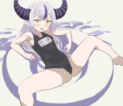 Rule 34 | 1girl, absurdres, ass, barefoot, black one-piece swimsuit, blush, braid, breasts, covered navel, fang, highres, hololive, horns, innertube, kladd, la+ darknesss, long hair, looking at viewer, multicolored hair, one-piece swimsuit, open mouth, paid reward available, purple hair, skin fang, small breasts, solo, spread legs, swim ring, swimsuit, two-tone hair, virtual youtuber, yellow eyes
