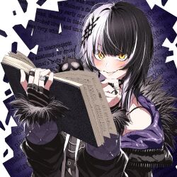Rule 34 | 1girl, 4b-enpitsu, bare shoulders, black gloves, black hair, black jacket, black nails, blush, book, commentary, commission, english text, film grain, finger to own chin, fingerless gloves, fur-trimmed jacket, fur trim, gloves, hair ornament, highres, holding, holding book, hololive, hololive english, jacket, jewelry, long sleeves, looking at viewer, multicolored hair, multiple rings, nail polish, off shoulder, parted lips, pixiv commission, ring, shiori novella, shiori novella (1st costume), solo, spaghetti strap, split-color hair, two-tone hair, upper body, virtual youtuber, white hair, yellow eyes, yorick (shiori novella)
