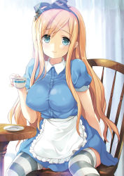 Rule 34 | 1girl, alice (alice in wonderland), alice in wonderland, apron, blonde hair, blue eyes, breasts, cup, emily (pure dream), hairband, large breasts, long hair, looking at viewer, puffy short sleeves, puffy sleeves, saucer, short sleeves, sitting, smile, striped clothes, striped thighhighs, table, teacup, thighhighs, underwear